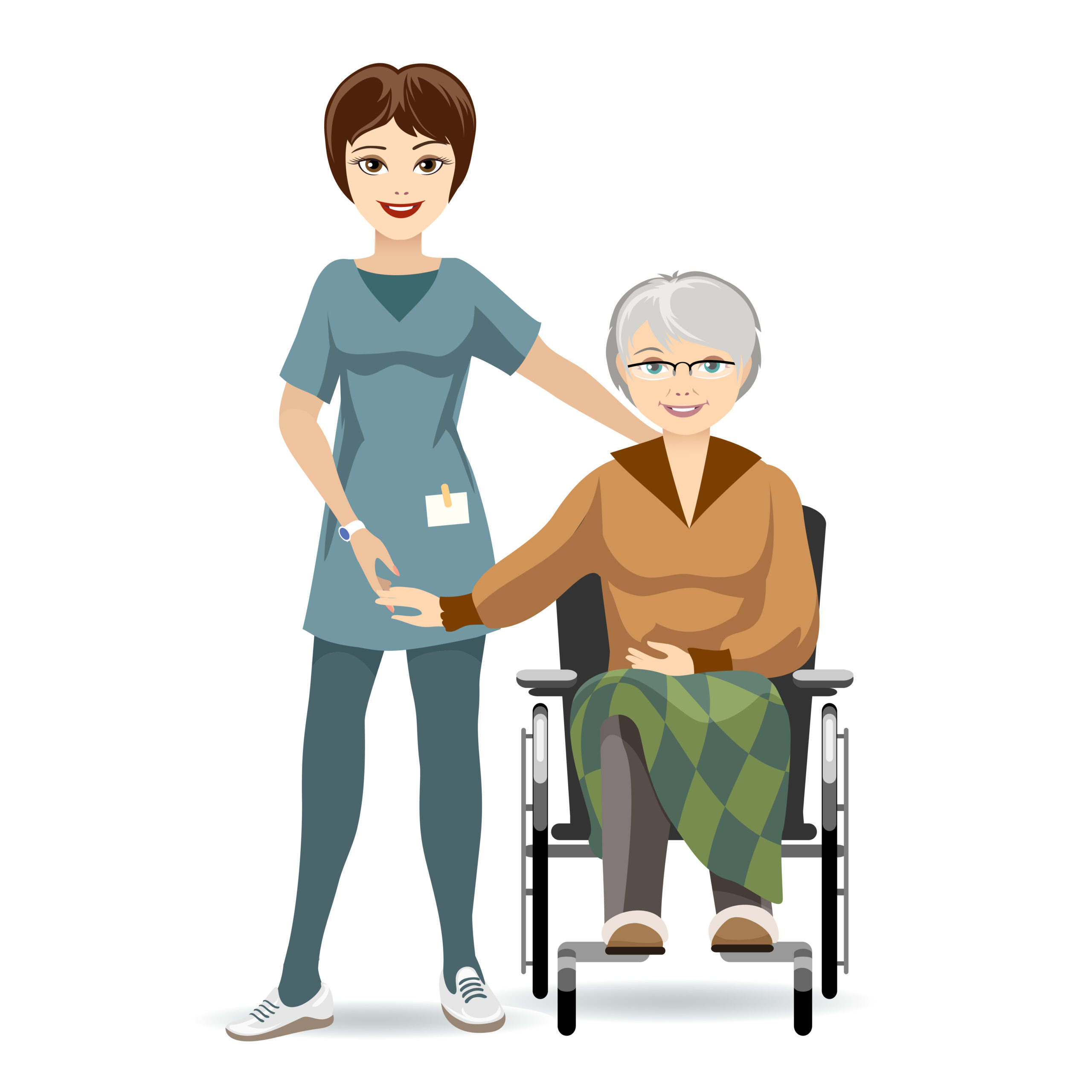 Colored Cartooned Senior Woman Sitting on Wheelchair with Caregiver. Isolated on White Background.